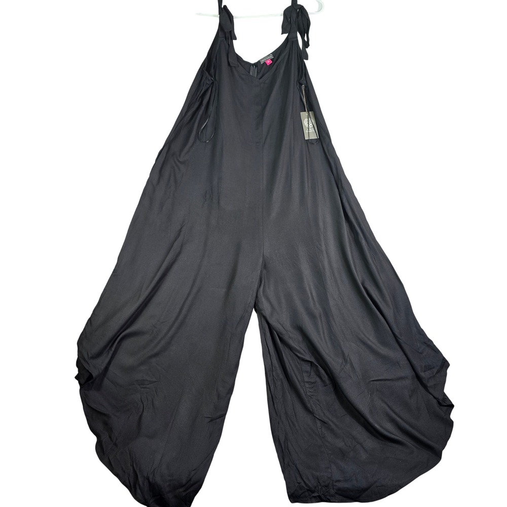 Vince Camuto Jumpsuit Womens 1X Black Tie Shoulder Wide Leg Harem Flowy Boho New